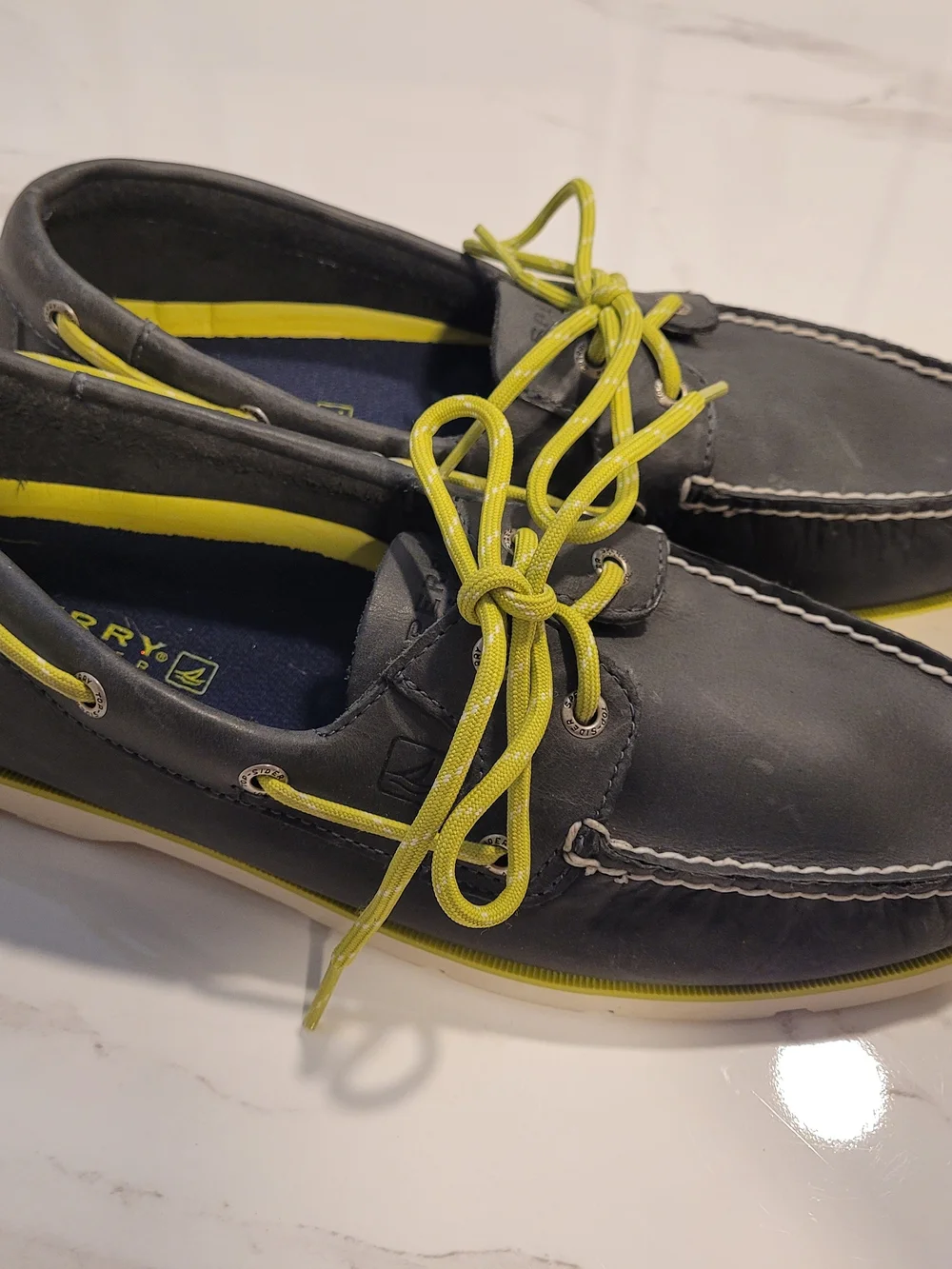 Sperry Gray Boat Shoes with Neon Lime Green Trim